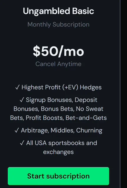The Ungambled Basic plan card in the app: $50 a month, monthly subscription, cancel anytime