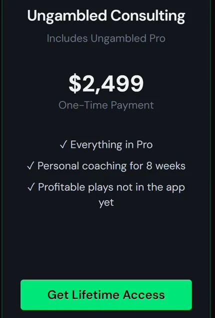 The Ungambled Consulting plan card in the app: $2,499 one-time payment, includes Ungambled Pro