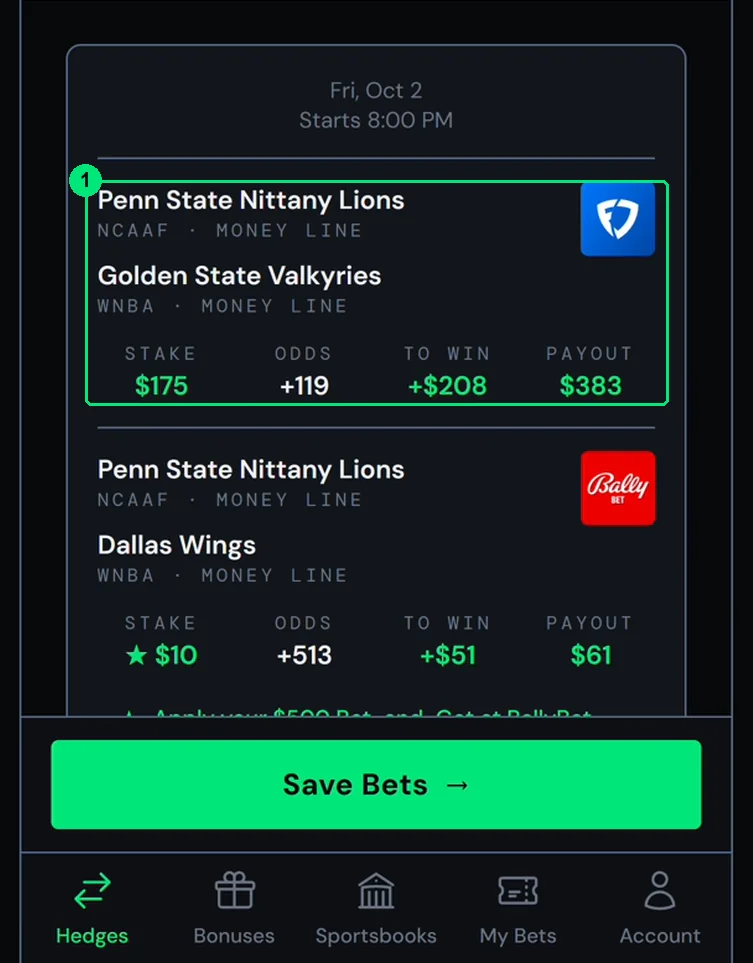 Place Bets: a $175 two-leg parlay at FanDuel with no bonus on it, hedged by the Bally Bet bonus bet.